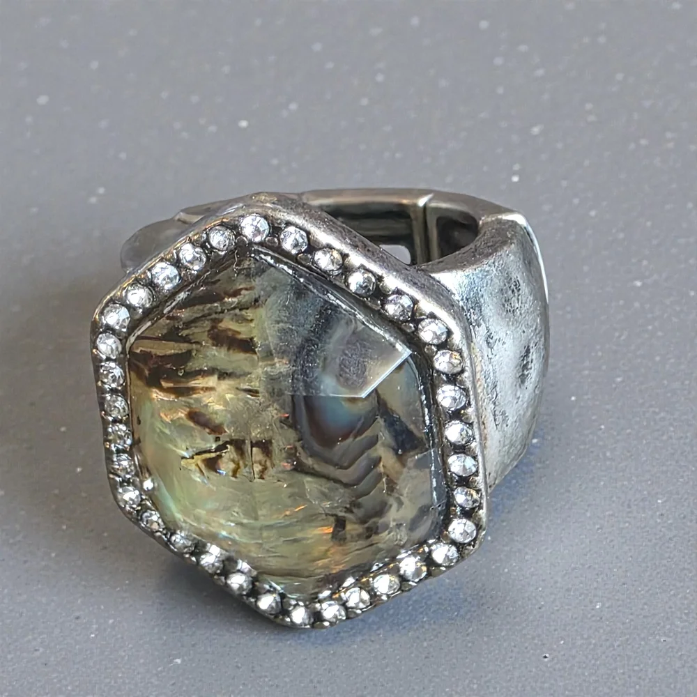 Silver Abalone Hexagon Crystal Stretch Ring
